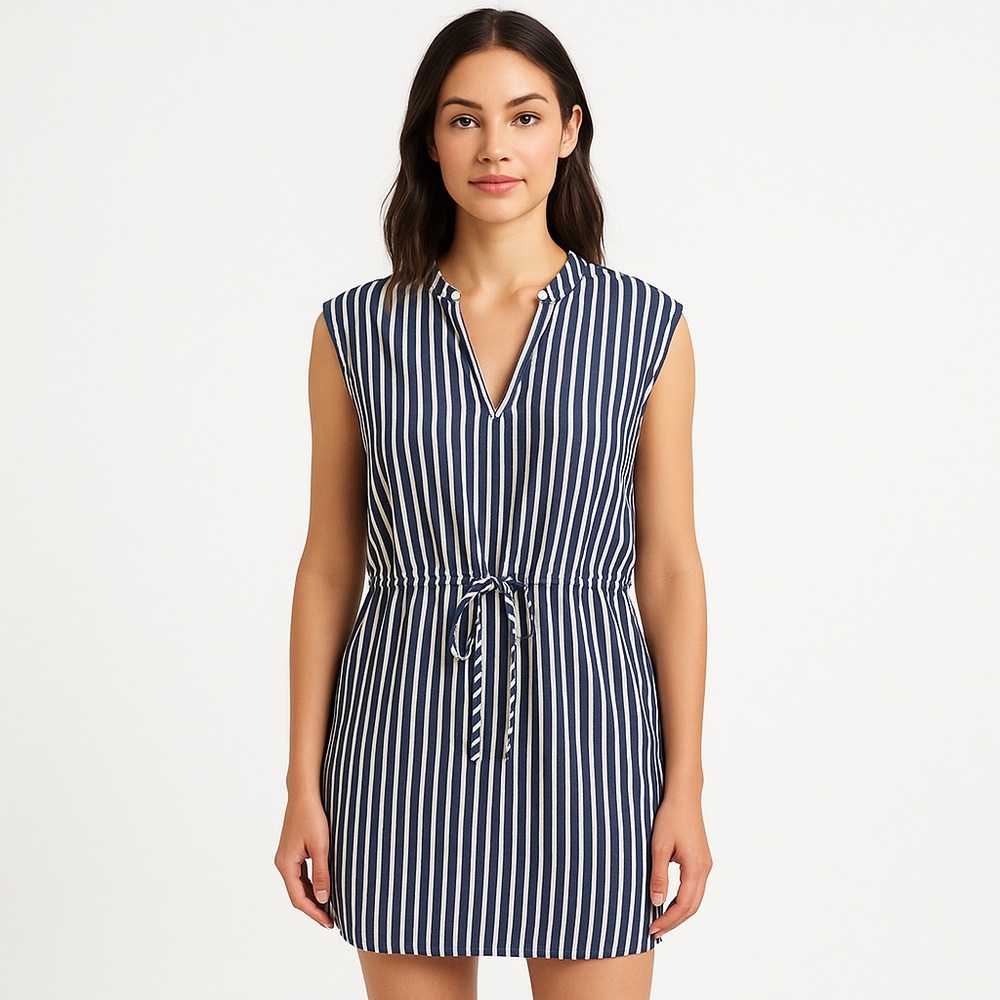 Dylan Navy White Striped Cotton Mini Dress Split V Neck Drawstring Size L